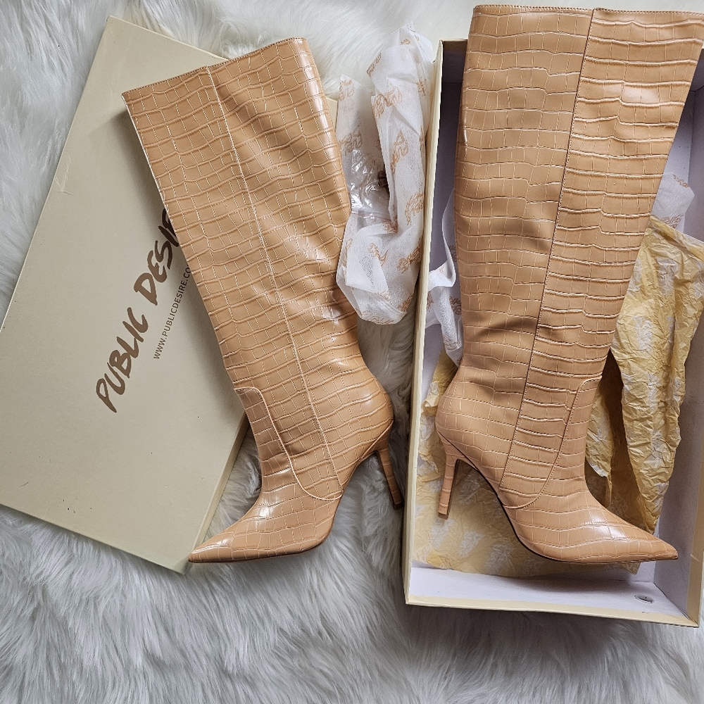 Caramel Brown Tan Croc Print Knee Boots Public Desire NIB 7 UK size 8 8.5 US